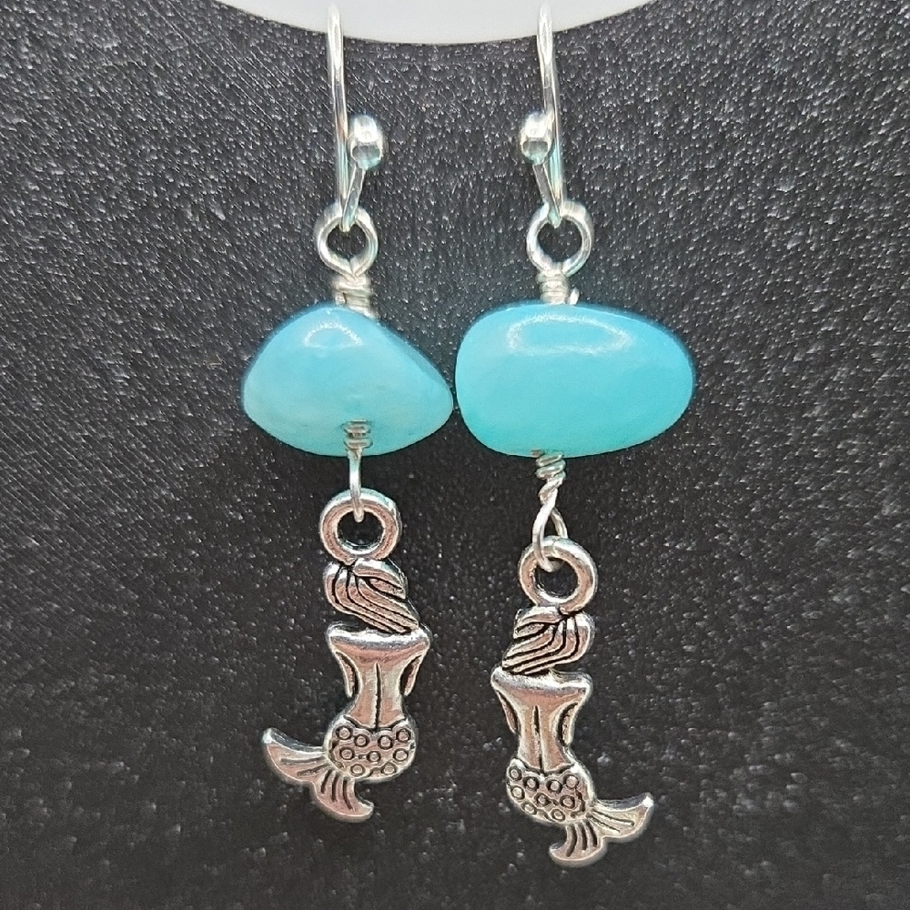 Handmade Silver Mermaid Earrings with Blue Accents 1.75"